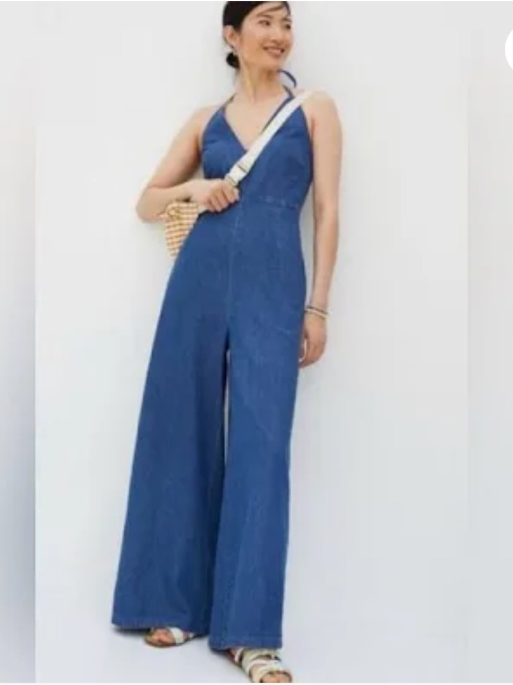 Mare Mare X Anthropologie 100% Cotton Chambray Denim Halter Wide Leg Jumpsuit S